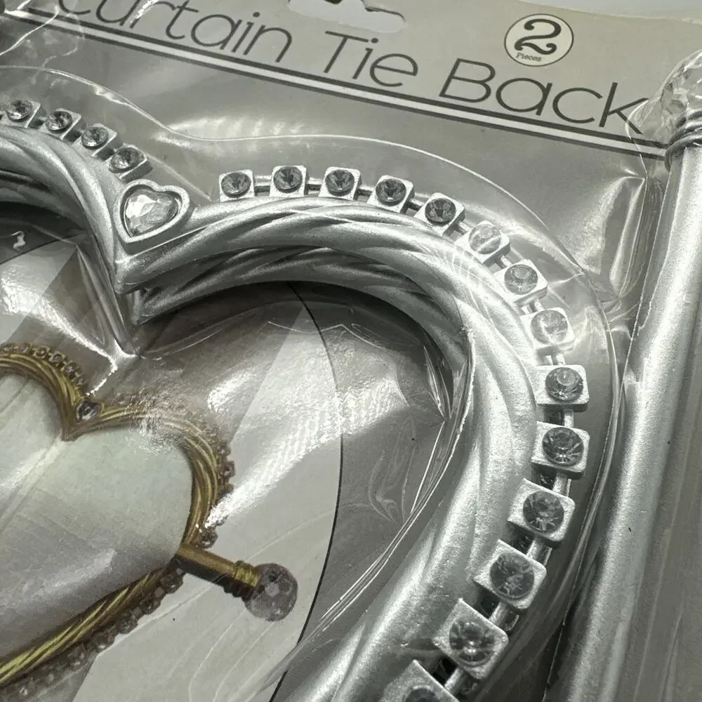 2 Silver Vintage Rhinestone Heart Curtain Tie Backs Drapes NEW
